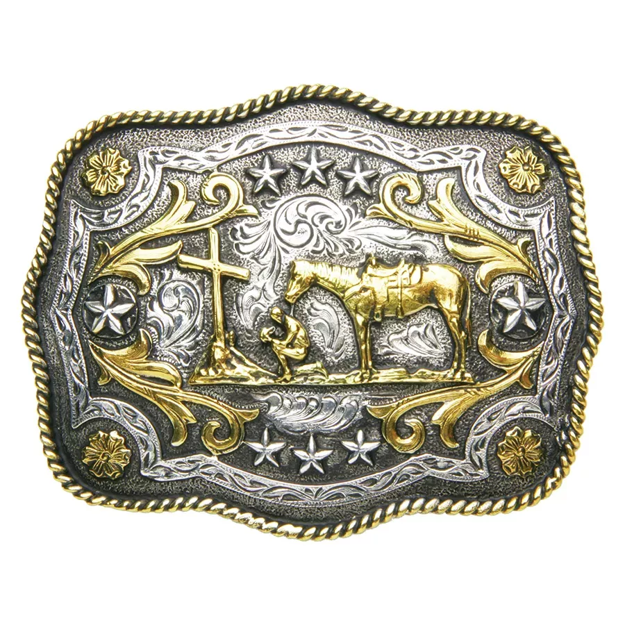 AndWest Scalloped Praying Cowboy Buckle - Antique Gold/Silver