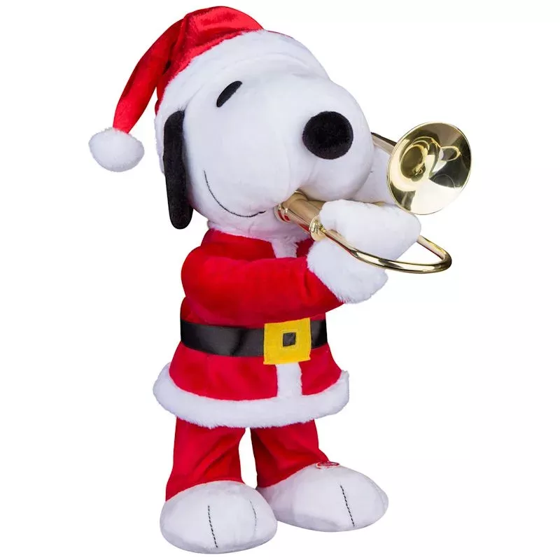 Animated Plush Snoopy in Santa Suit with Trombone, 12"