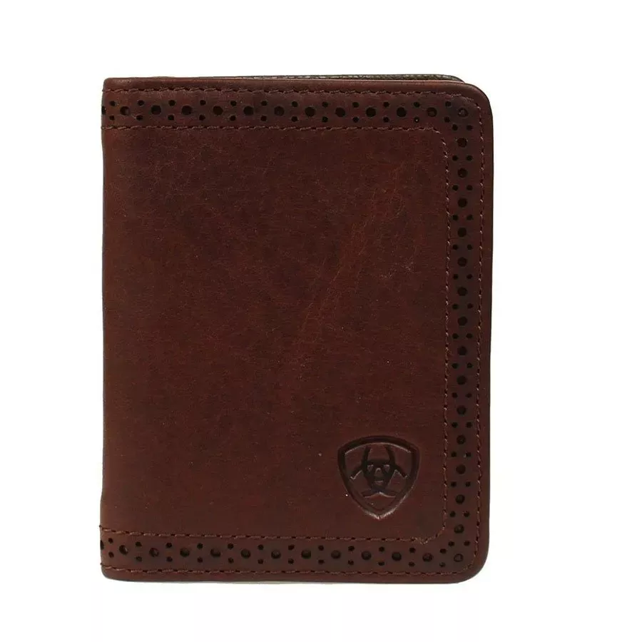 Ariat Men's Dark Copper Leather Perforated Edge Bi-fold Wallet