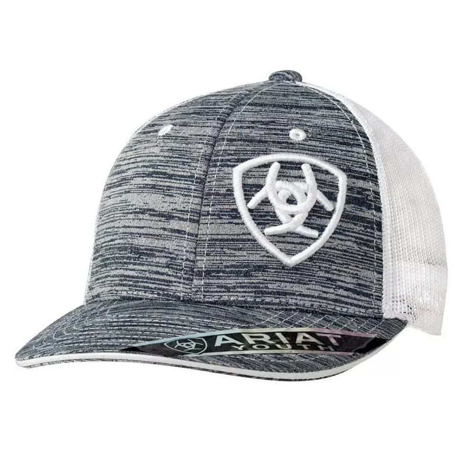 Ariat Youth Offset Shield Logo Mesh Snapback Cap - Heather Gray/White