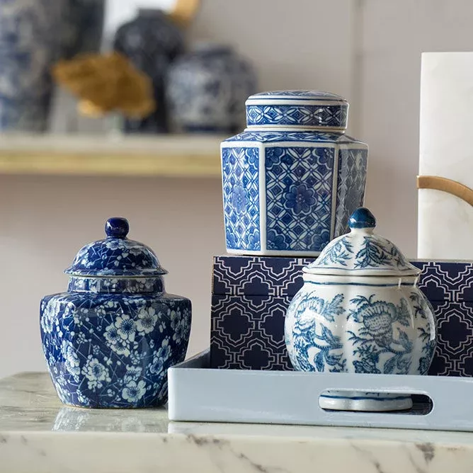A & B Home - Blue & White Lidded Jar
