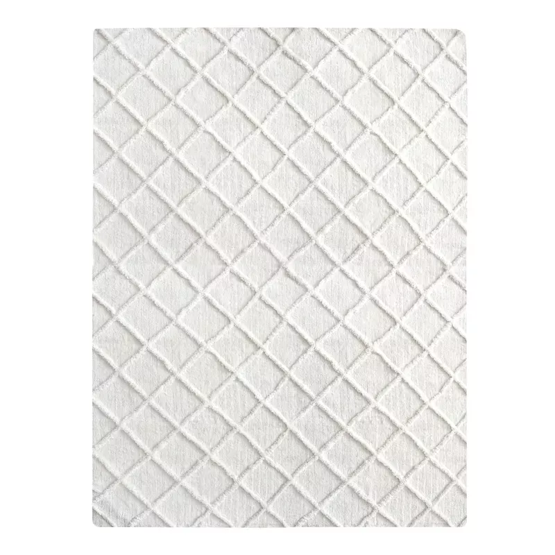 (B813) Ivory Diamond Tufted Shag Area Rug, 8x10