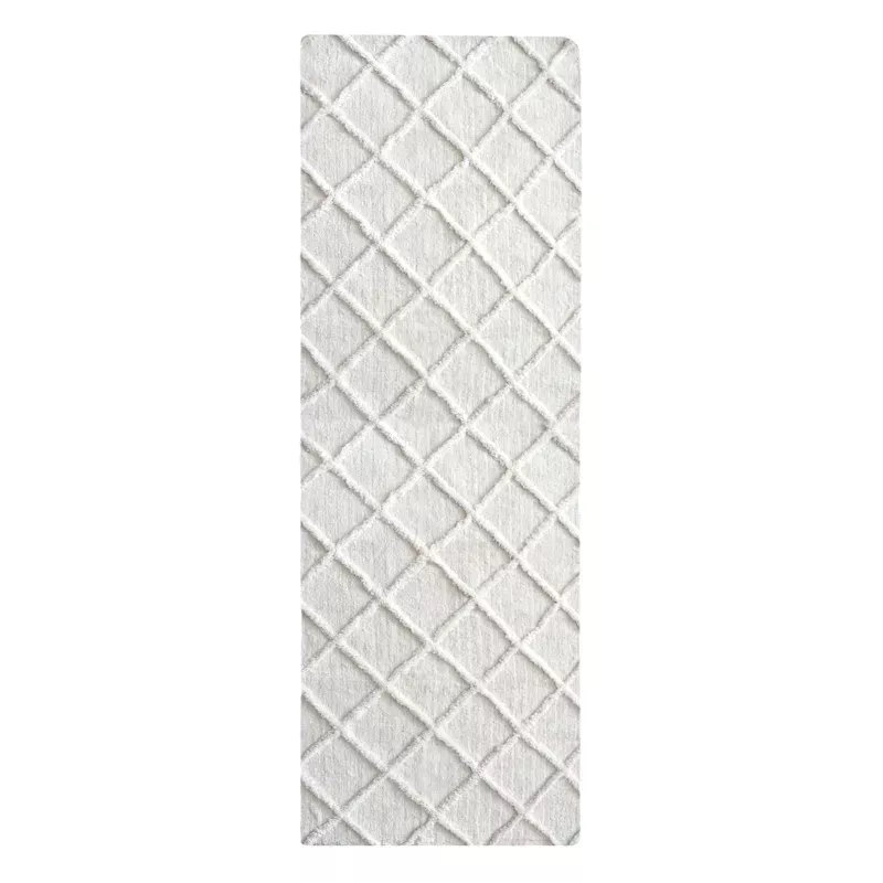 (B813) Ivory Diamond Tufted Shag Runner, 2x7