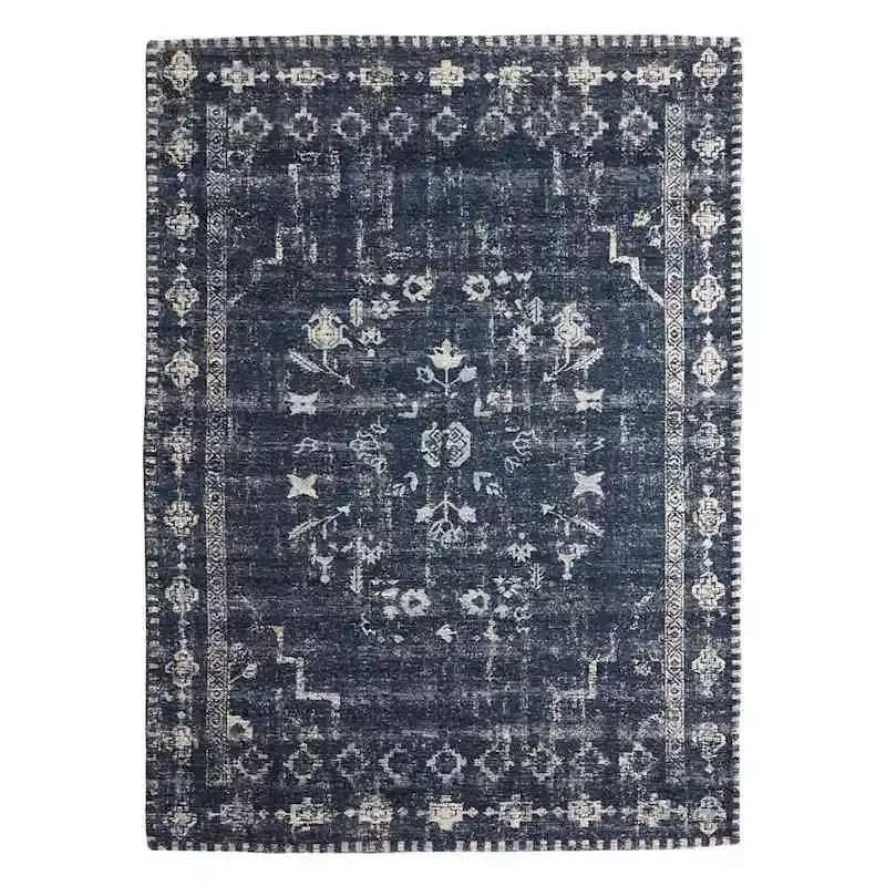 (B823) Teagan Navy Blue Floral Flatweave Area Rug, 5x7