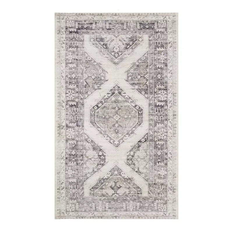 (B829) Grey & White Floral Washable Accent Rug, 3x5