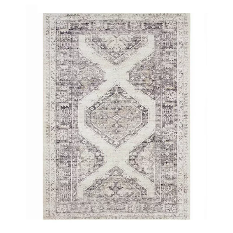 (B829) Grey & White Floral Washable Area Rug, 5x7