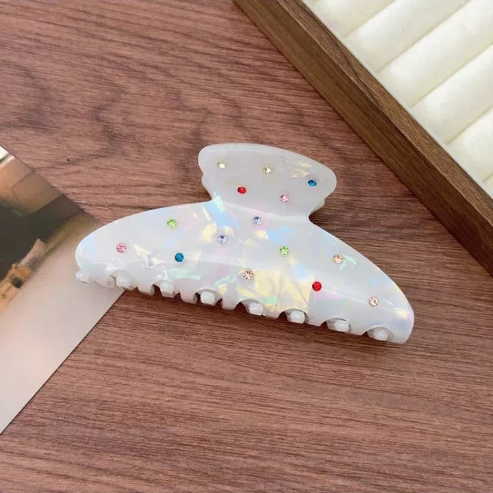 Beau - White Claw Clip with Rainbow Rhinestones