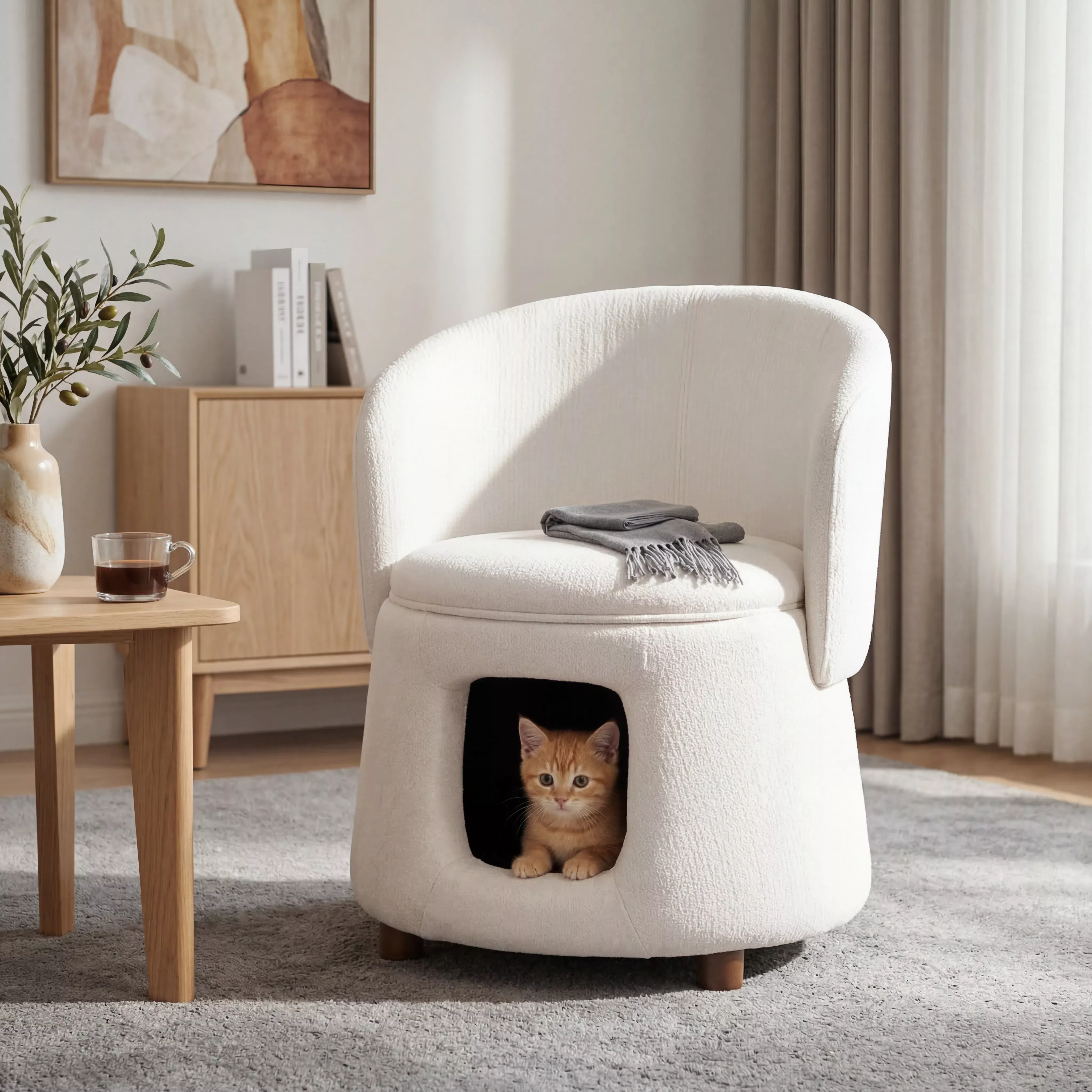 Beige Pet Friendly Chair with Hidden Pet Nook, Convertible Stool, Storage Seat