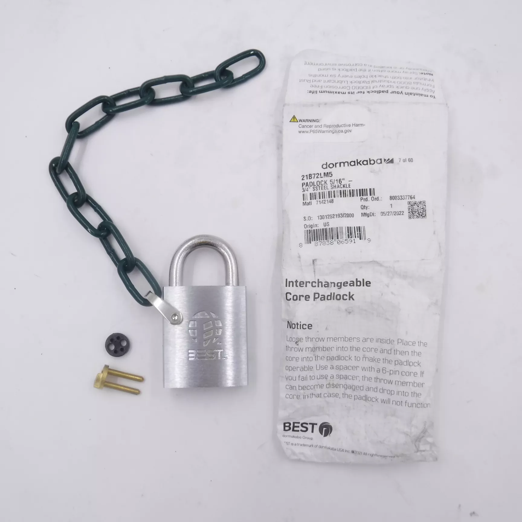 BEST 21B Series Padlock 3/4″ Steel Shackle Less Core 5/16″ Dia. 9″ Steel Chain