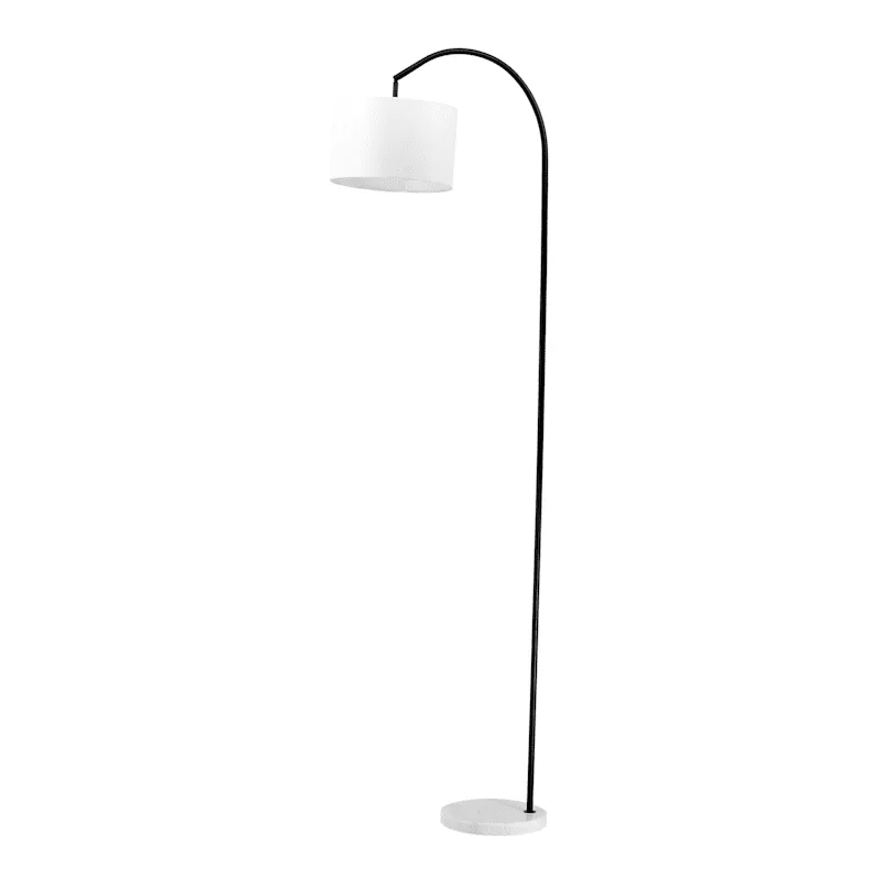 Black Arc Floor Lamp with Marble Base & White Fabric Drum Shade, 70"