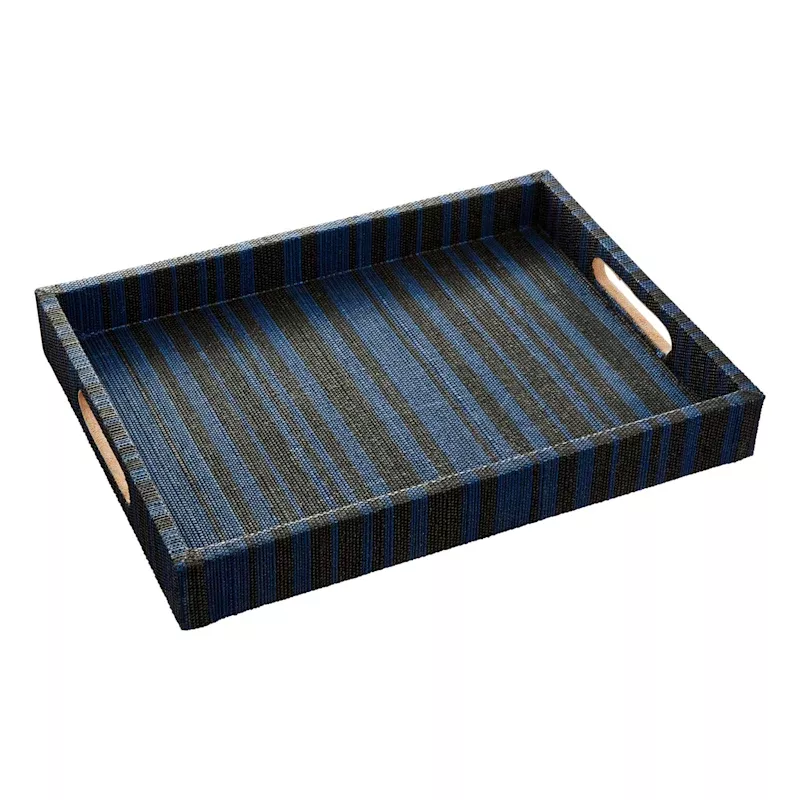 Black & Blue Striped Seagrass Woven Tray, 12x16