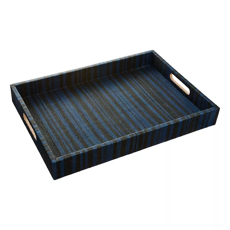 Black & Blue Striped Seagrass Woven Tray, 15x20