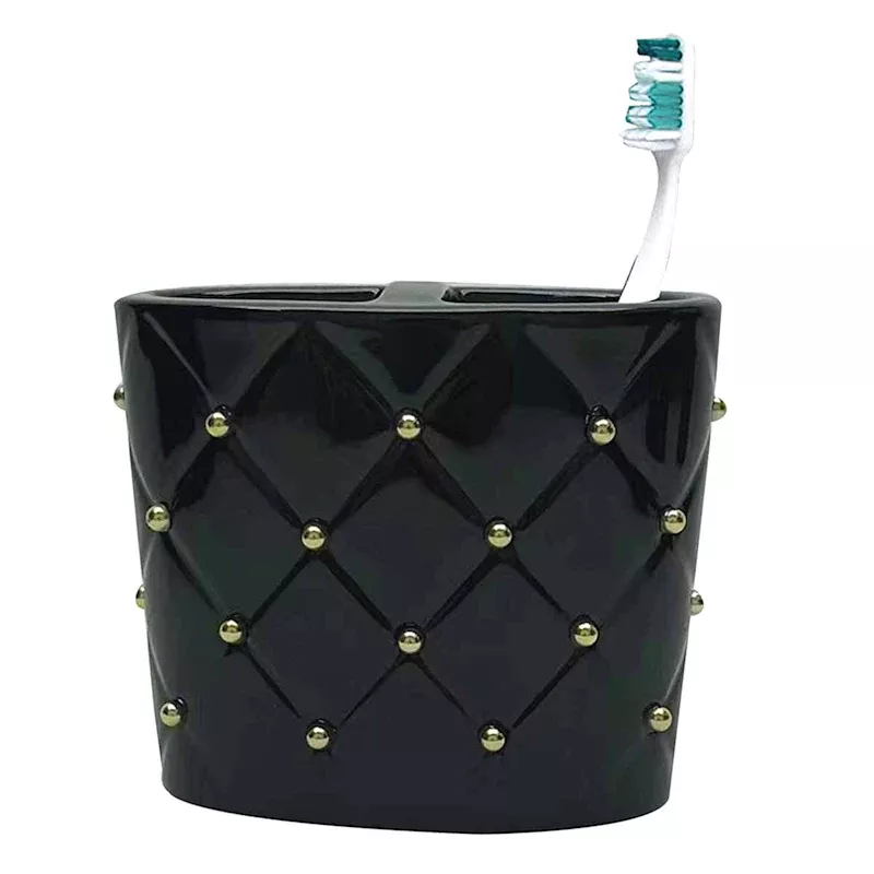 Black & Gold Quilted Ceramic Stud Toothbrush Holder, 4"
