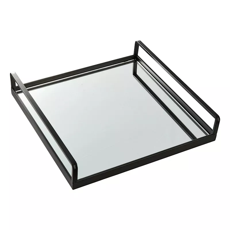 Black Metal Mirrored Decorative Tray, 13"