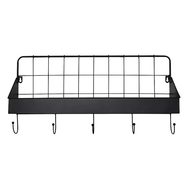 Black Metal Wall Shelf with Hooks, 24x12
