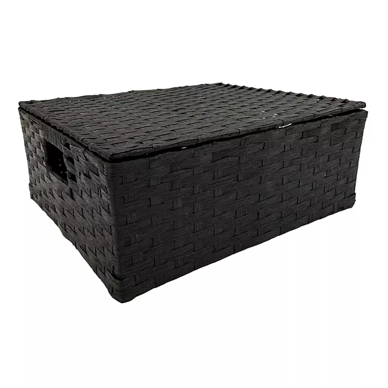 Black Paper Rope Rectangle Storage Basket with Lid, Medium