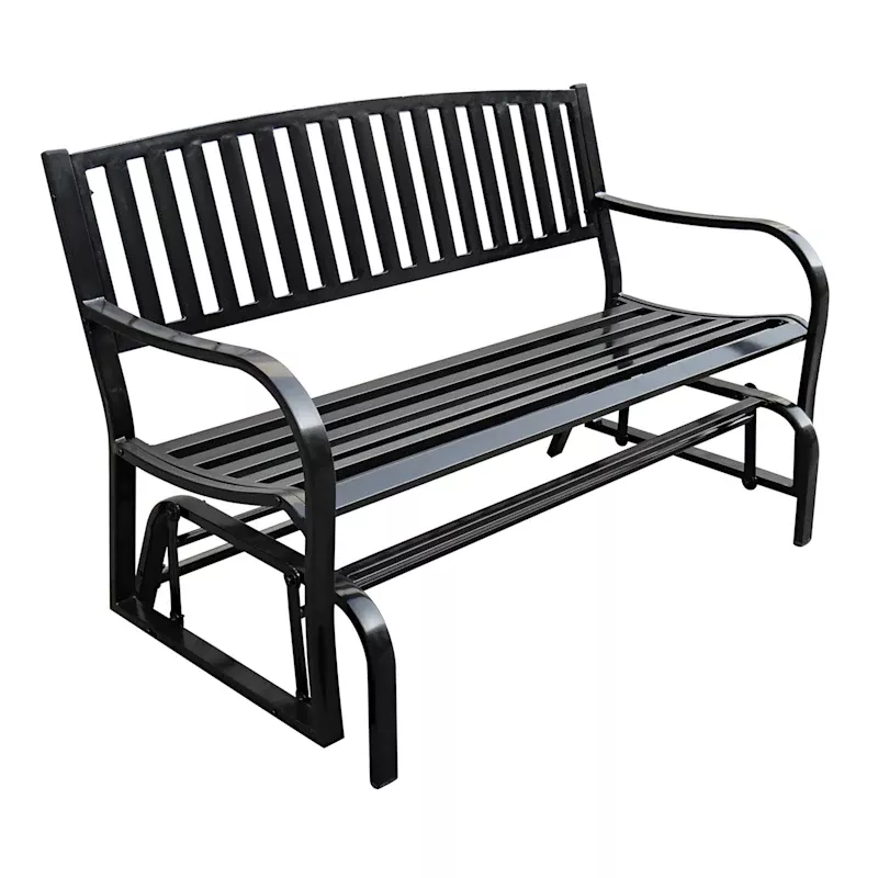 Black Slat Steel Glider Patio Bench