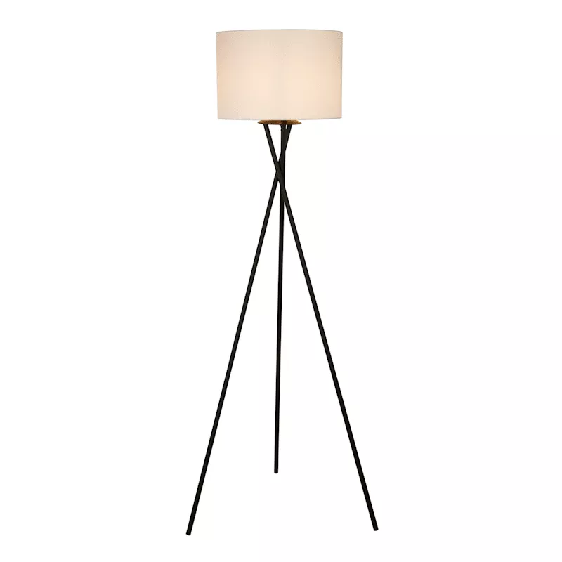 Black Tripod Floor Lamp with White Fabric Drum Shade, 59"