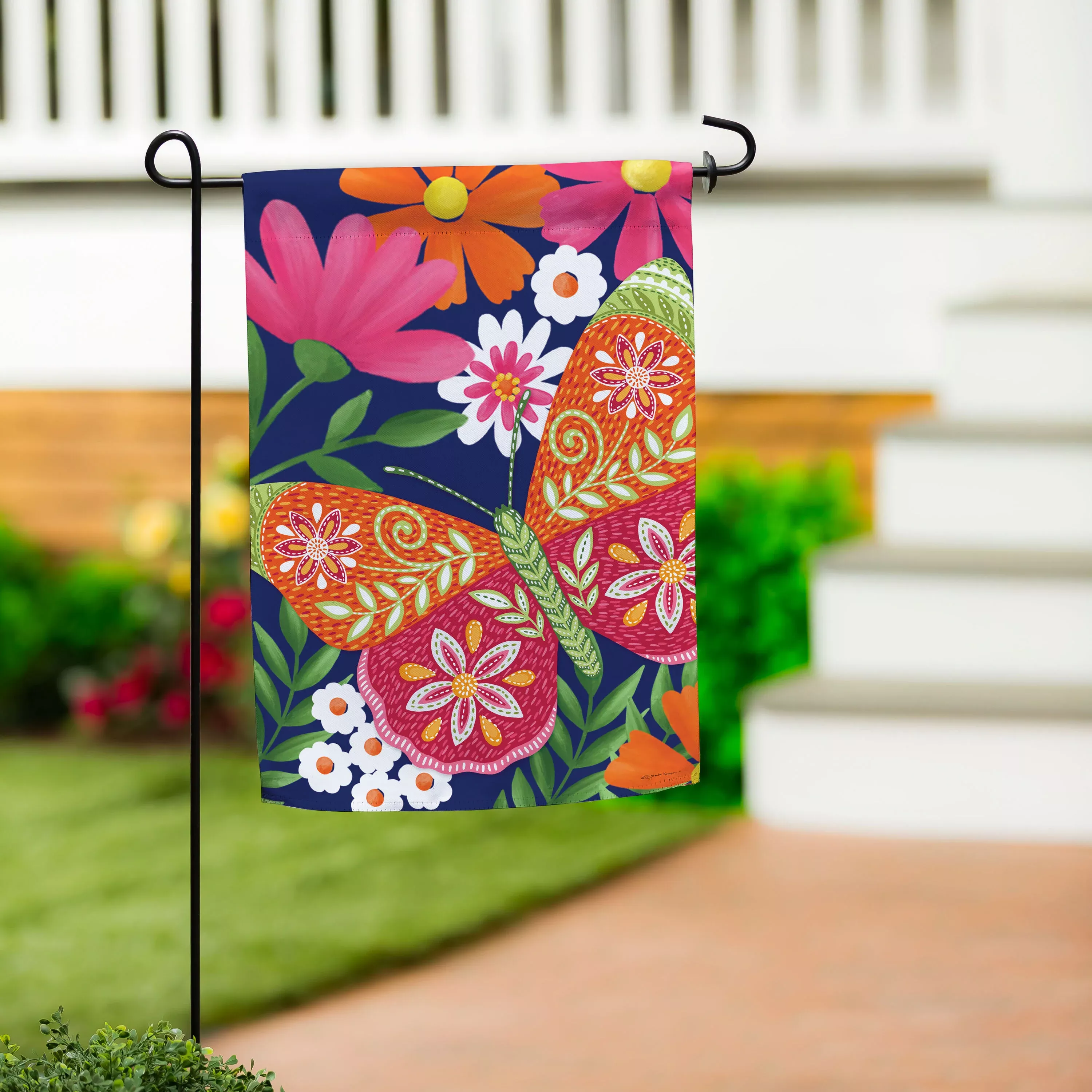 Bloom & Burst Butterfly Suede Garden Flag Front & Back