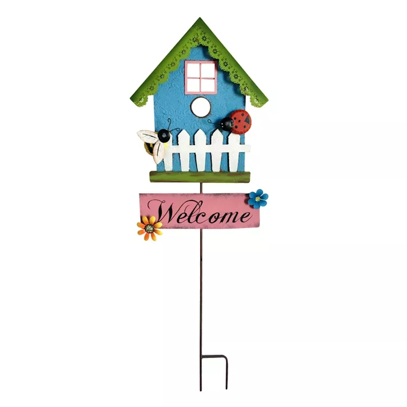 Blue Birdhouse Yard Stake, 35"