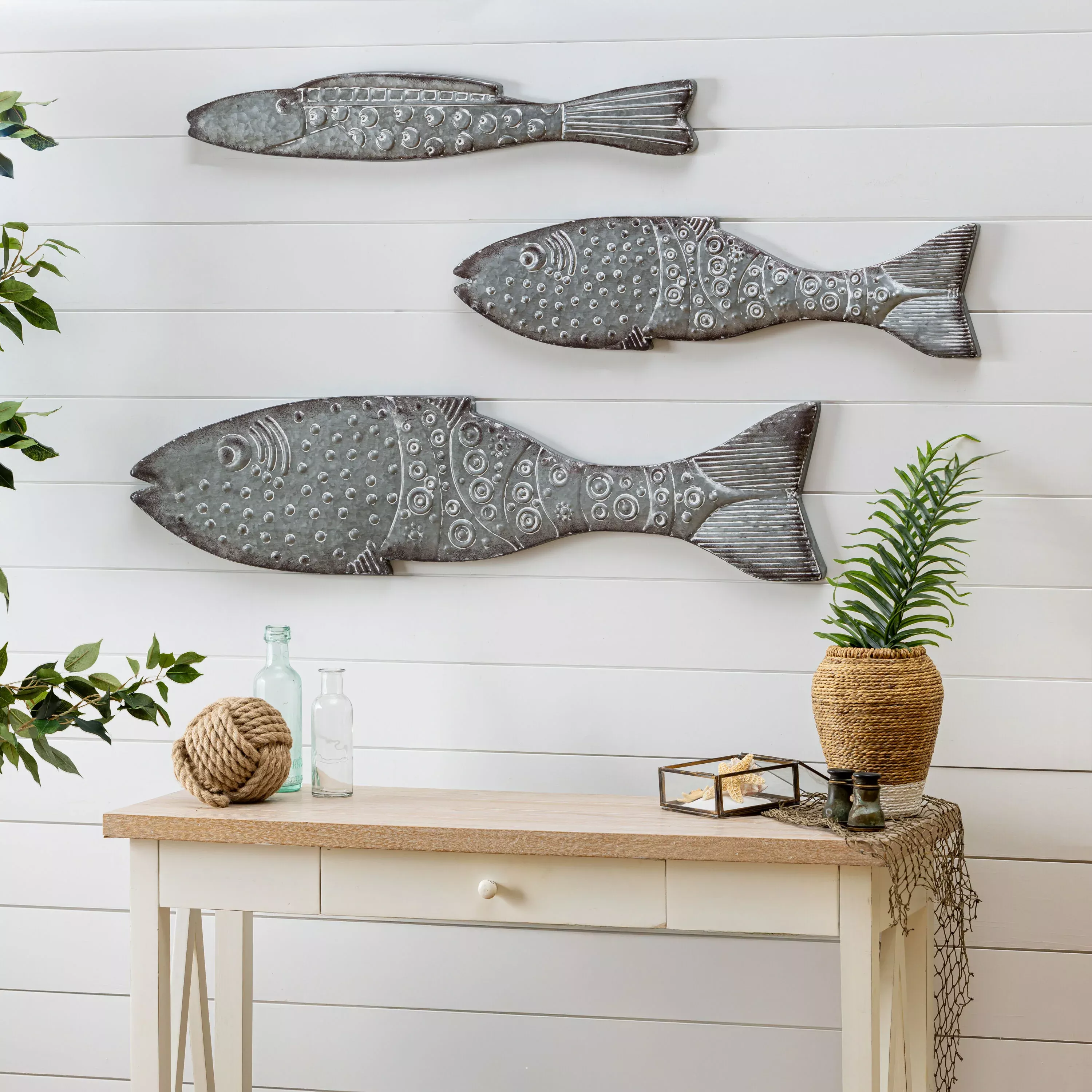 Blue Coastal Outdoor Wall Decor, Metal, Galvanized Metal Fish Wall Decor, Set of 3