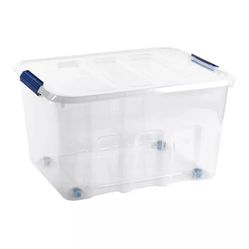 Blue Latch Clear Storage Bin with Wheels, 52L
