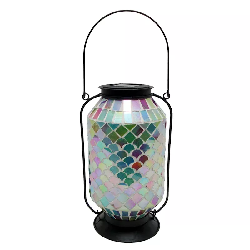 Blue Mosaic Glass Solar Outdoor Lantern, 11"