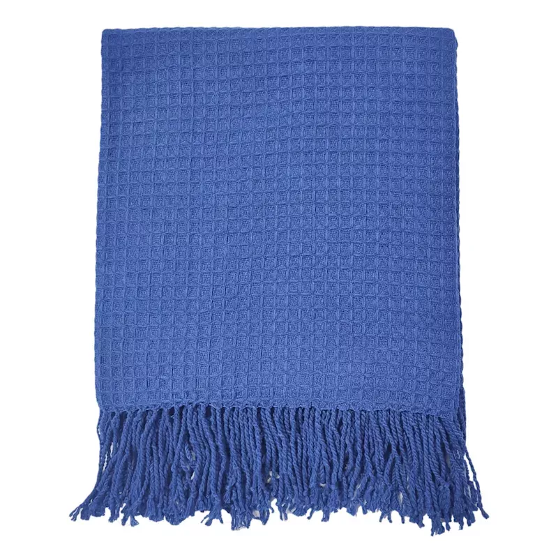 Blue Waffle Woven Fringe Throw Blanket, 50x60