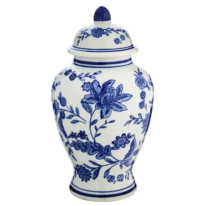 Blue & White Floral Porcelain Jar, 11"