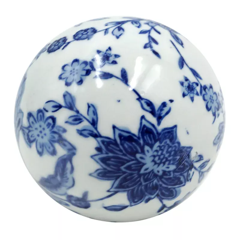 Blue & White Floral Porcelain Orb, 3"