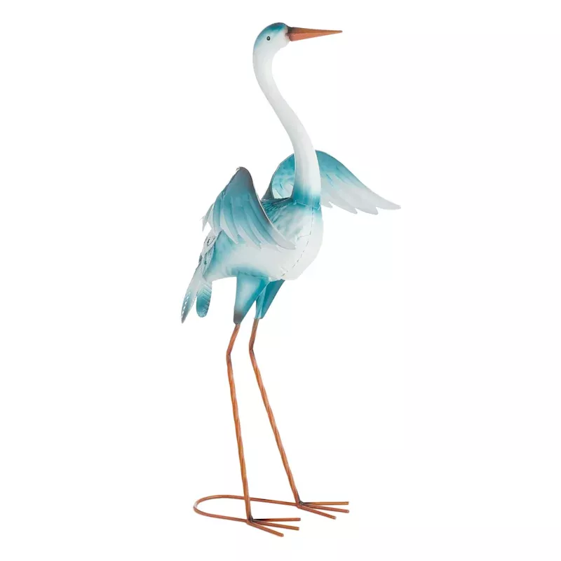 Blue & White Metal Crane Outdoor Garden Statue, 27"