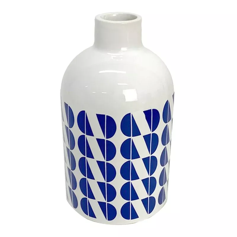 Blue & White Printed Vase, 7"