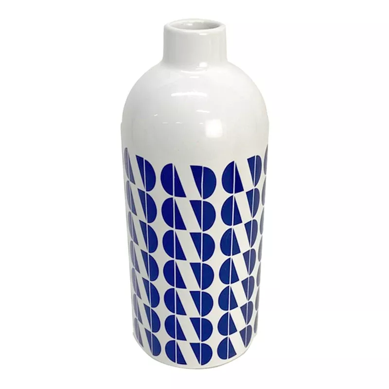 Blue & White Printed Vase, 9.5"