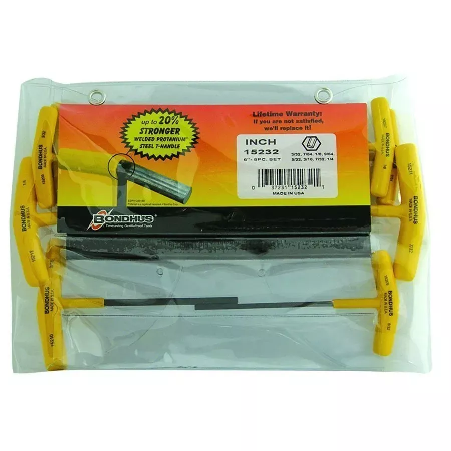 Bondhus Set of 8 Hex T-handles 6" Length 3/32-1/4"