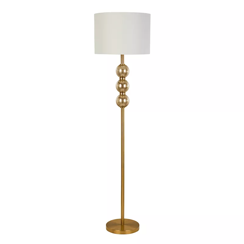 Brass Stacked Orb Floor Lamp with White Fabric Drum Shade, 60"