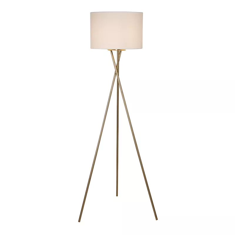 Brass Tripod Floor Lamp with White Fabric Drum Shade, 59"
