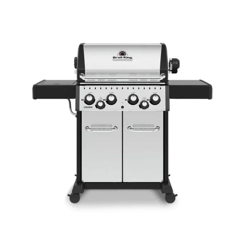 Broil King CROWN S490 BBQ with Side Burner, Rear Rotisserie Burner, Rotisserie Kit & Heavy-Duty Cast Iron Cooking Grids Stainless Steel