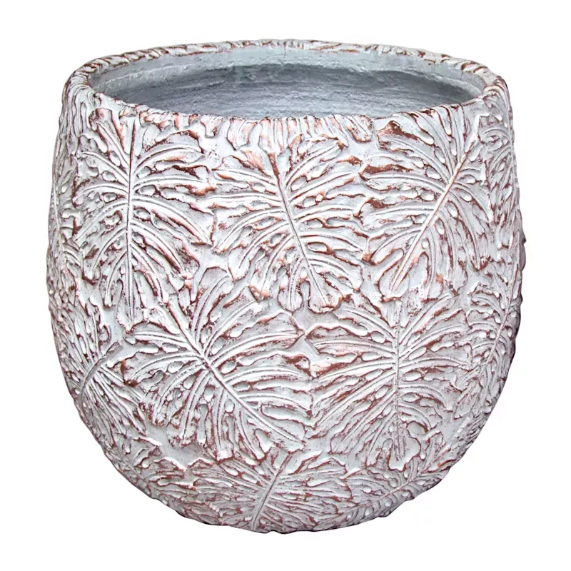 Bronze Palm Leaf Textured White Outdoor Planter, Large