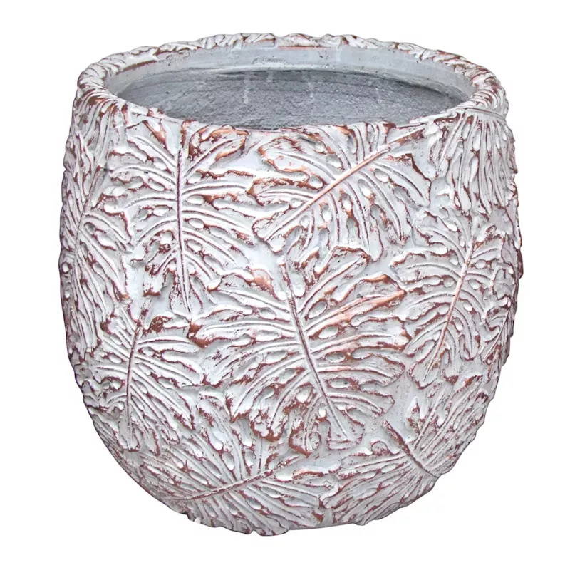 Bronze Palm Leaf Textured White Outdoor Planter, Medium