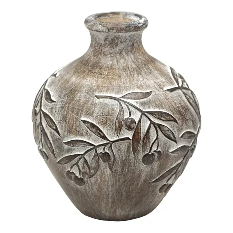 Brown Carved Leaf Vase, 7"