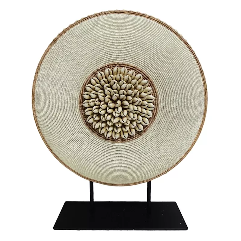 Brown & Ivory Carved Medallion with Beads on Stand, 16"