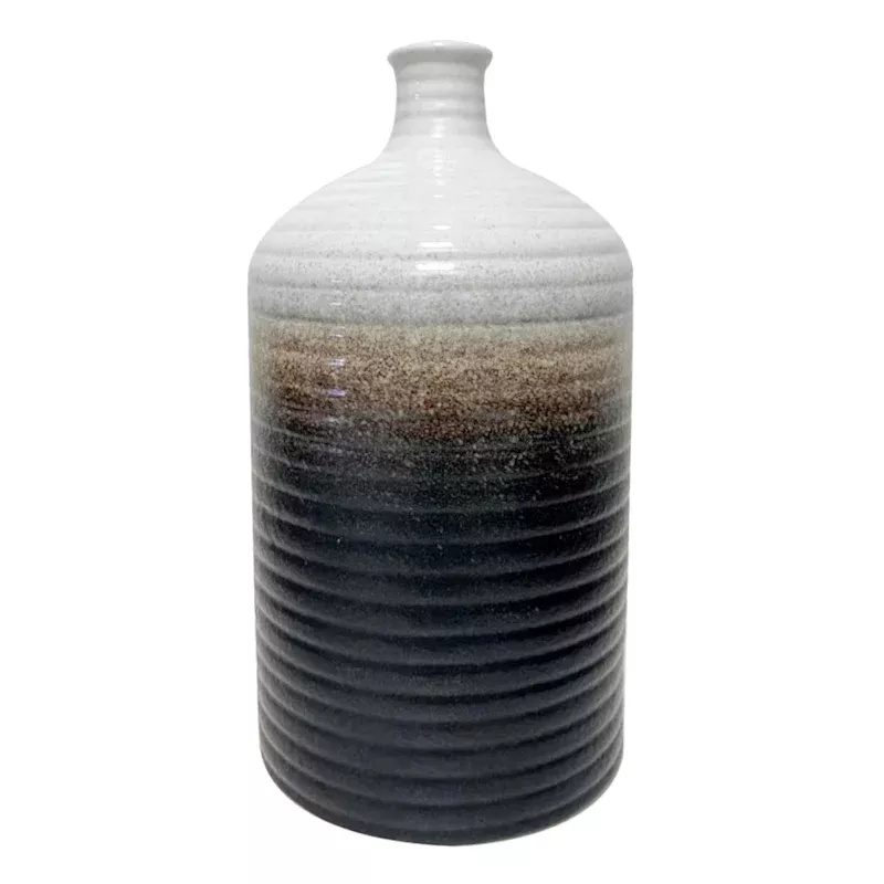 Brown & White Ribbed Jug Vase, 9"