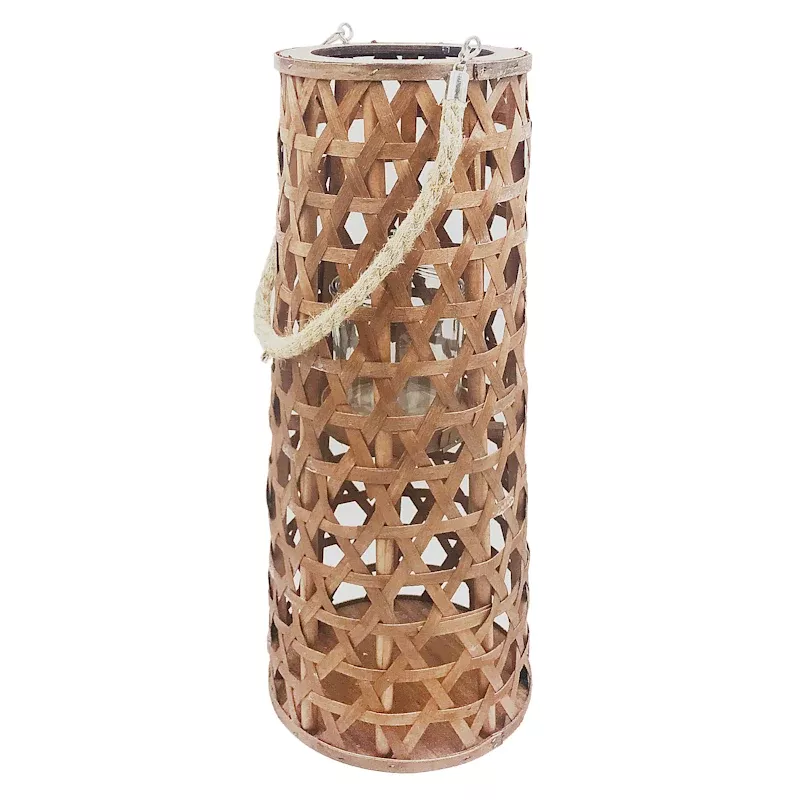 Brown Wood Cutout Lantern with Rope Handle, 20"