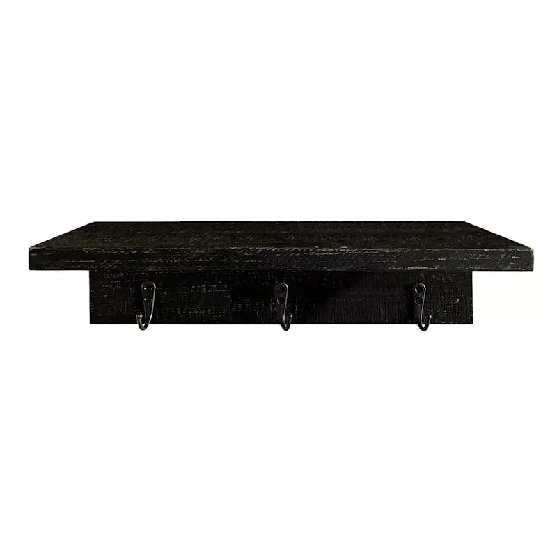 Brown Wooden Wall Shelf with Hooks, 16"