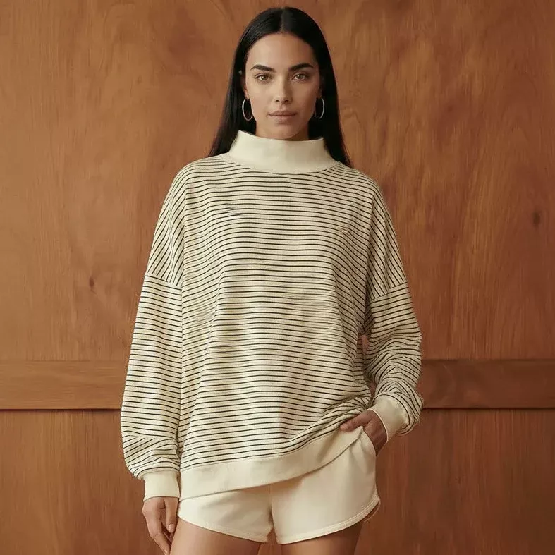 Bucketlist - Cream & Navy Stripe Mock Neck Oversized Sweatshirt