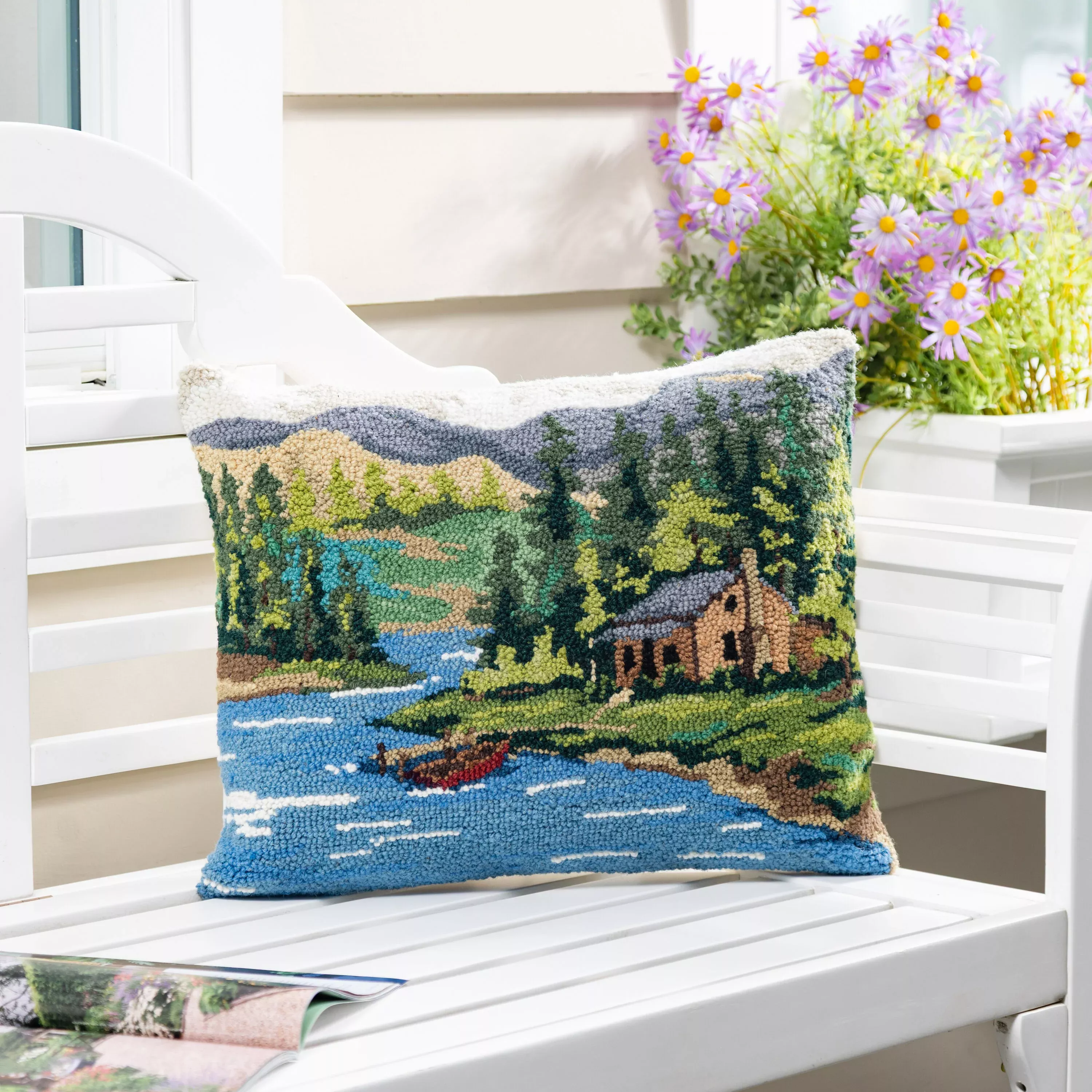 Cabin by the Lake Hooked Pillow