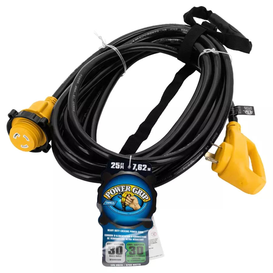 Camco Power Grip 25' Straight Locking Extension Cord - 30 Amp Male / 30 Amp Female