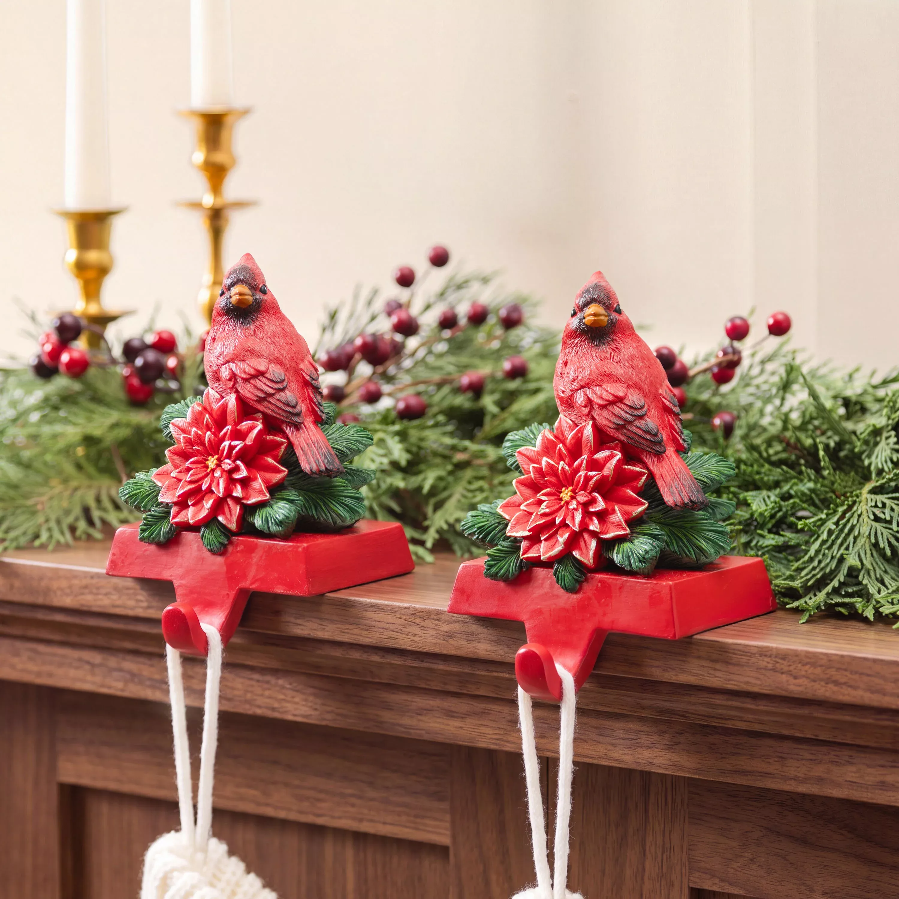 Cardinal and Poinsettia Resin Stocking Holder
