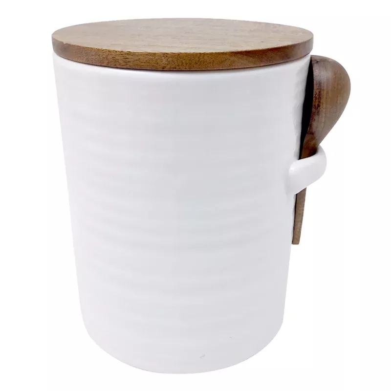 Ceramic White Canister with Wooden Lid & Spoon, Large