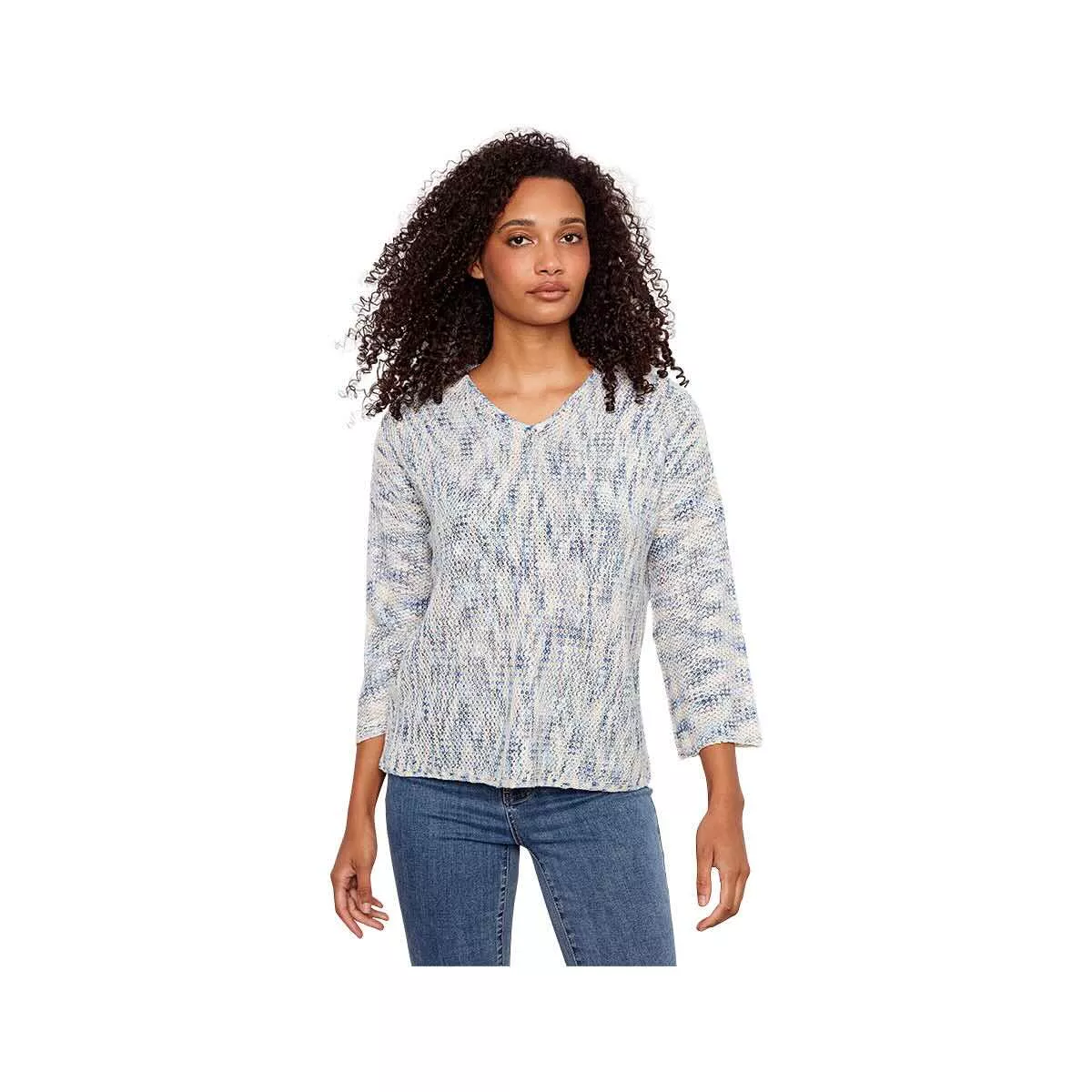 Charlie B Women's 3/4 Sleeve Drop Shoulder V-Neck Sweater